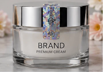 Minimal cosmetic packaging with a refined holographic security label detail