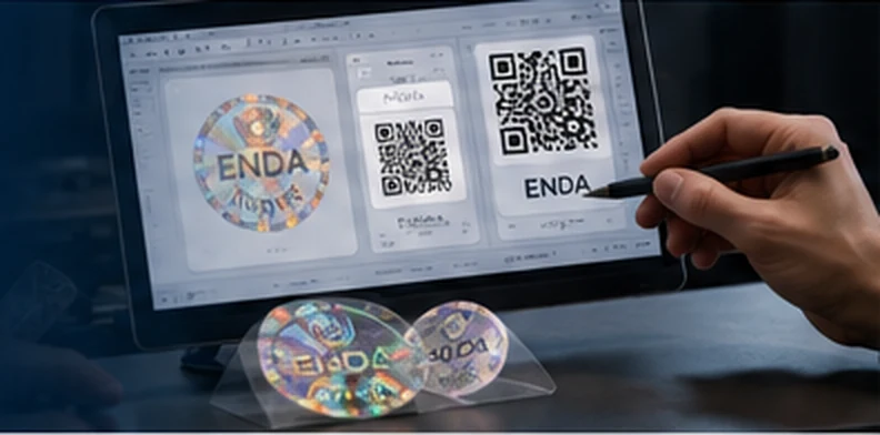 Security label design evaluation with holographic label samples and QR artwork on a digital workstation