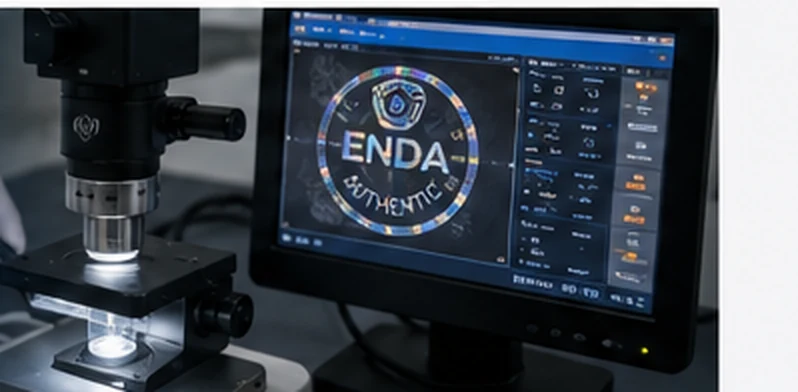 Security label being examined through inspection equipment with magnified holographic appearance on screen
