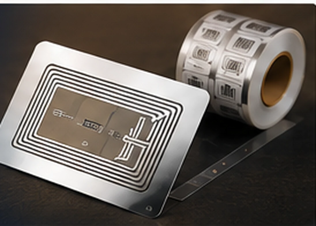 RFID label inlay card and roll format on a dark technical surface