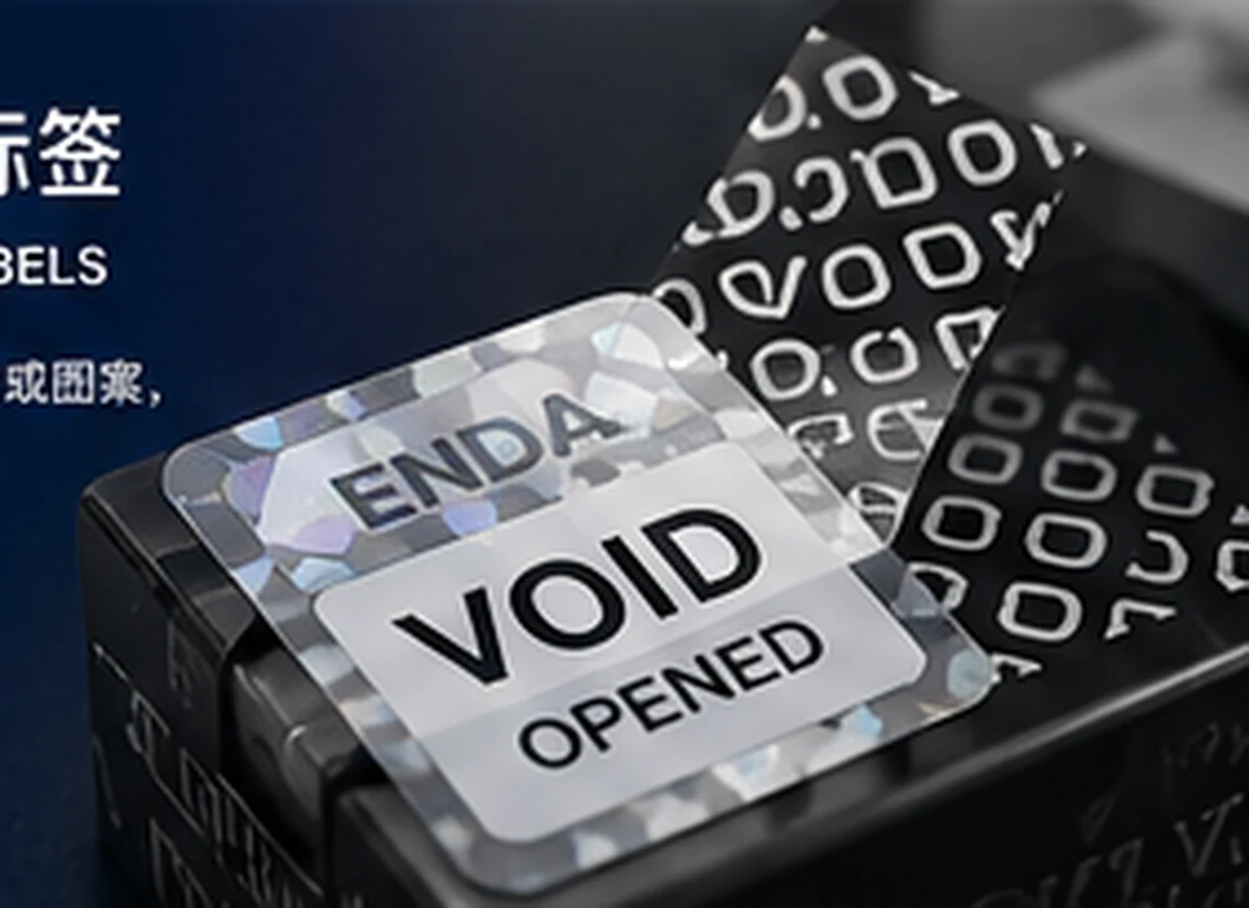 Tamper-evident security label peeled to reveal a VOID pattern