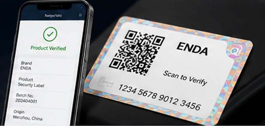Security label with QR code shown beside a mobile verification interface